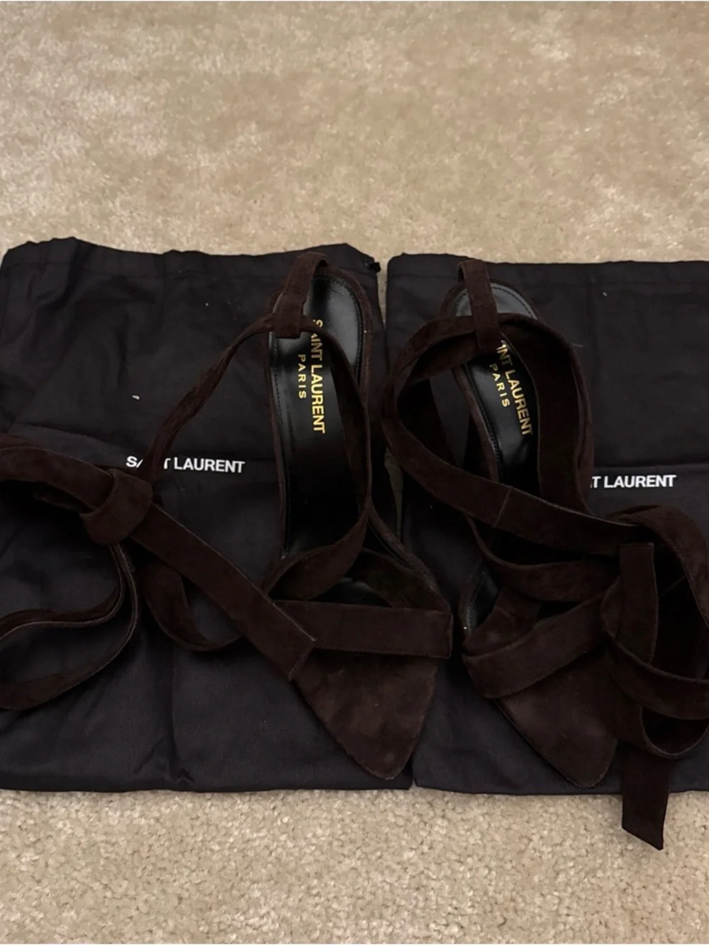 Saint Laurent Brown Suede Tie-Up Ankle Strap Heels Size 38 - Picture 3 of 6